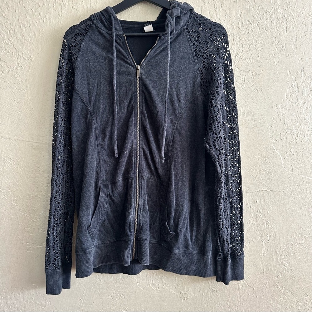 torrid Grey Lace-Sleeve Zip Hoodie